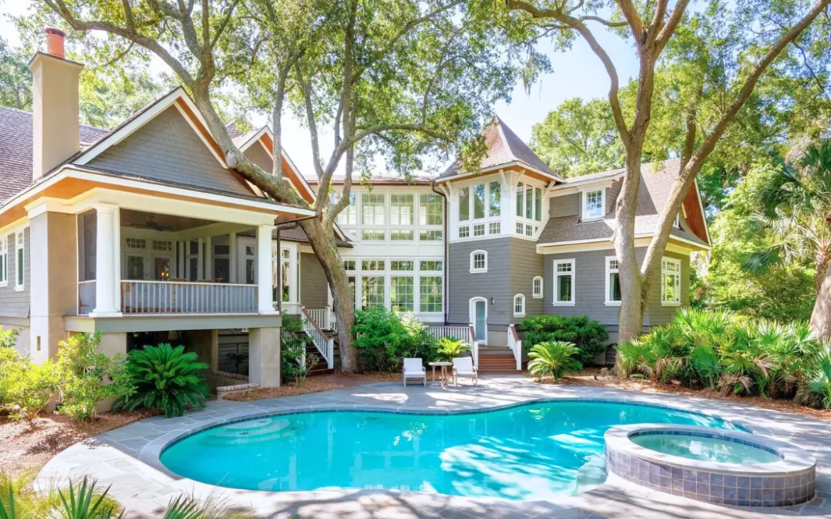 The backyard oasis pool at 116 Osprey Point vacation rental home on Kiawah Island