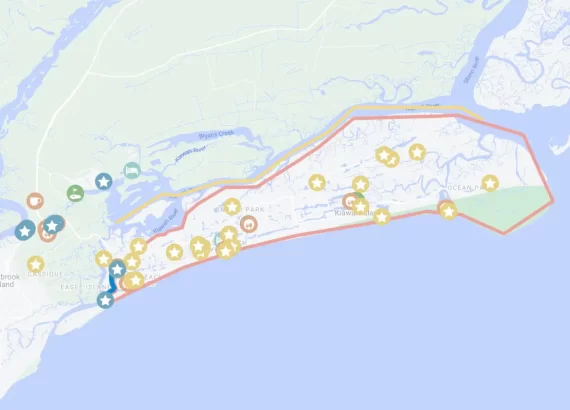 Cover image for this blog which shows a Kiawah Island map and popular spots