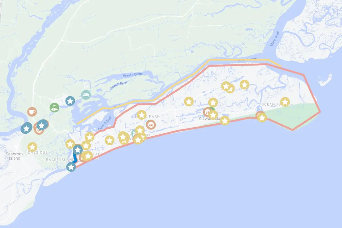 Cover image for this blog which shows a Kiawah Island map and popular spots