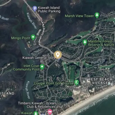 Kiawah Island map screenshot, to show where the resort's entry gate is in relation to the rest of the island