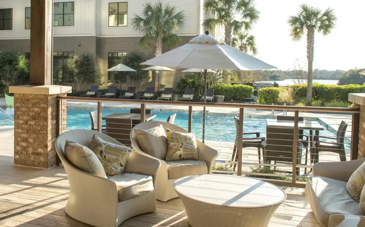 The pool deck and lounge area at The Andell Inn