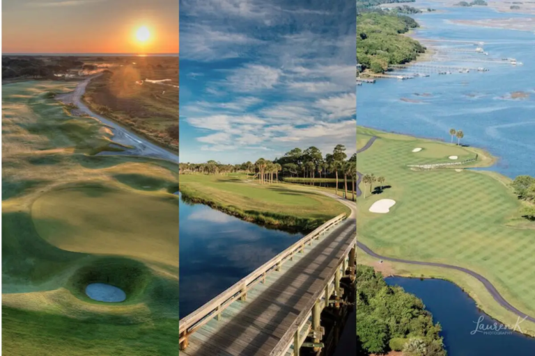 Cover image for the best Kiawah Island golf courses blog which shows three photography shots of beautiful courses