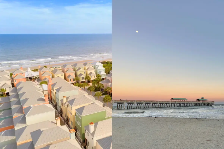 Cover image for the Folly Beach vs Isle of Palms blog which shows the colorful houses of Wild Dunes resort and sunset at Folly Beach pier